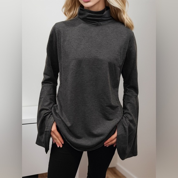 Flare Sleeve Mock Neck Slit T-Shirt - Picture 1 of 3